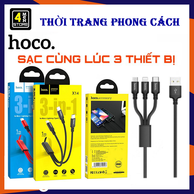 [HCM]⚡ Cáp sạc Hoco X14 - 3 đầu Lightning - Micro USB - Type-C Dài 1m - Cáp sạc C.hính Hãng ⚡