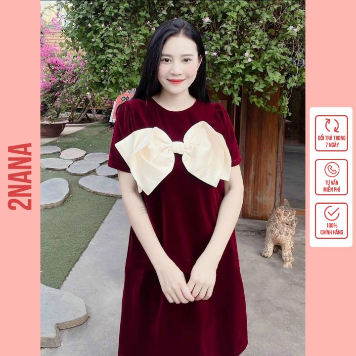 Váy Bầu nhung đỏ nơ to -Đầm Bầu Xinh Thiết Kế Đẹp Dáng Rộng Mặc tết xinh