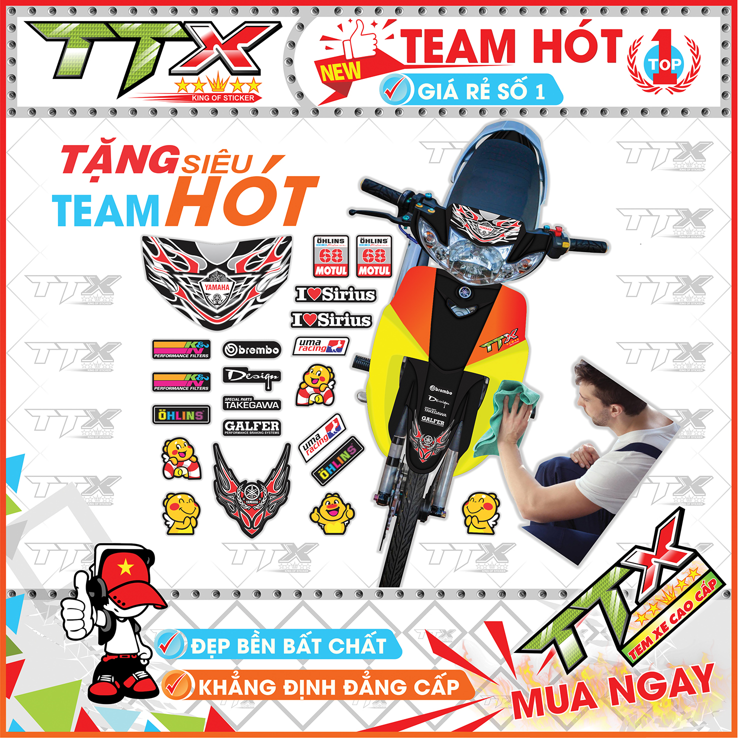 Tem Xe Sirius Đen Đỏ - Tem Rời Sirius Lửa Đỏ Siêu Đẹp - Mẫu Tem Sirius Đỏ Đen