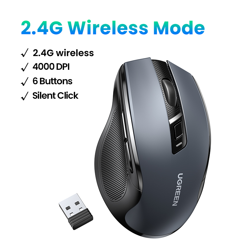 Ugreen mu006 ergonomic wireless mouse with usb nano receiver, 5-level 4000 dpi 6 buttons, 2.4g usb cordless silent mice, wireless mouse for laptop, computer, pc, macbook, chromebook