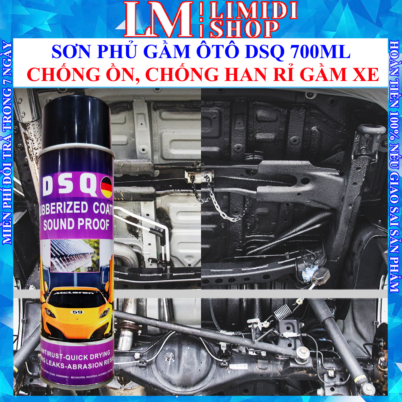 Sơn phủ gầm ô tô - sơn phủ gầm xịt tay - giảm tiếng ồn đá văng, tăng độ bền khung gầm, cách âm xe hơi - dsq công nghệ đức 700ml