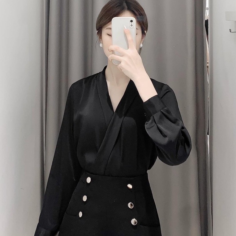 Áo sơ mi kiểu công sở nữ - áo sơ mi lụa cổ v chéo 037