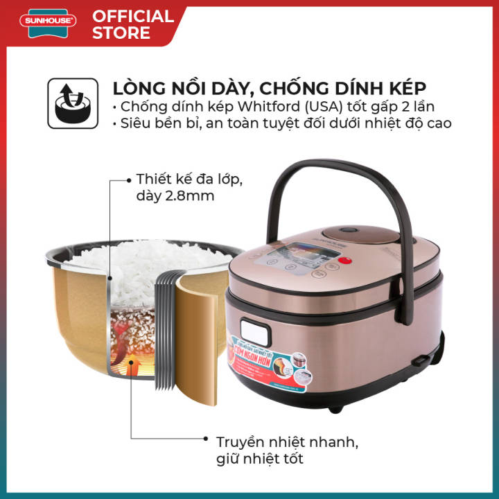 Nồi Cơm Điện Tử Ủ Ấm 3 Chiều Chính Hãng Sunhouse 1.5L SUNHOUSE MAMA SHD8915 - Công suất 860W - 8 chức năng nấu tự động - Hợp kim nhôm phủ chống... - Hình ảnh 4