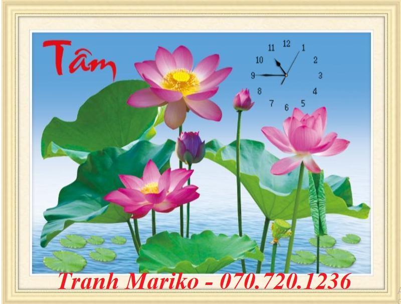 [HCM]Tranh thêu chữ thập ĐỒNG HỒ HOA SEN CHỮ TÂM  53555 kích thước 80*60cm Tranh Mariko