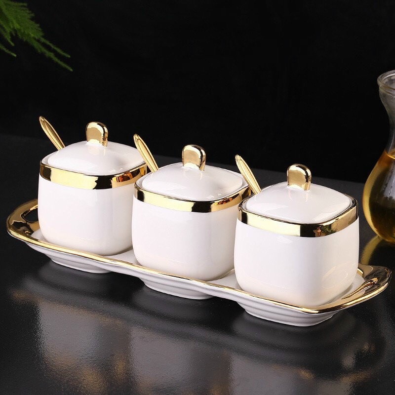 Bộ 3 hũ đựng gia vị bằng sứ - trắng