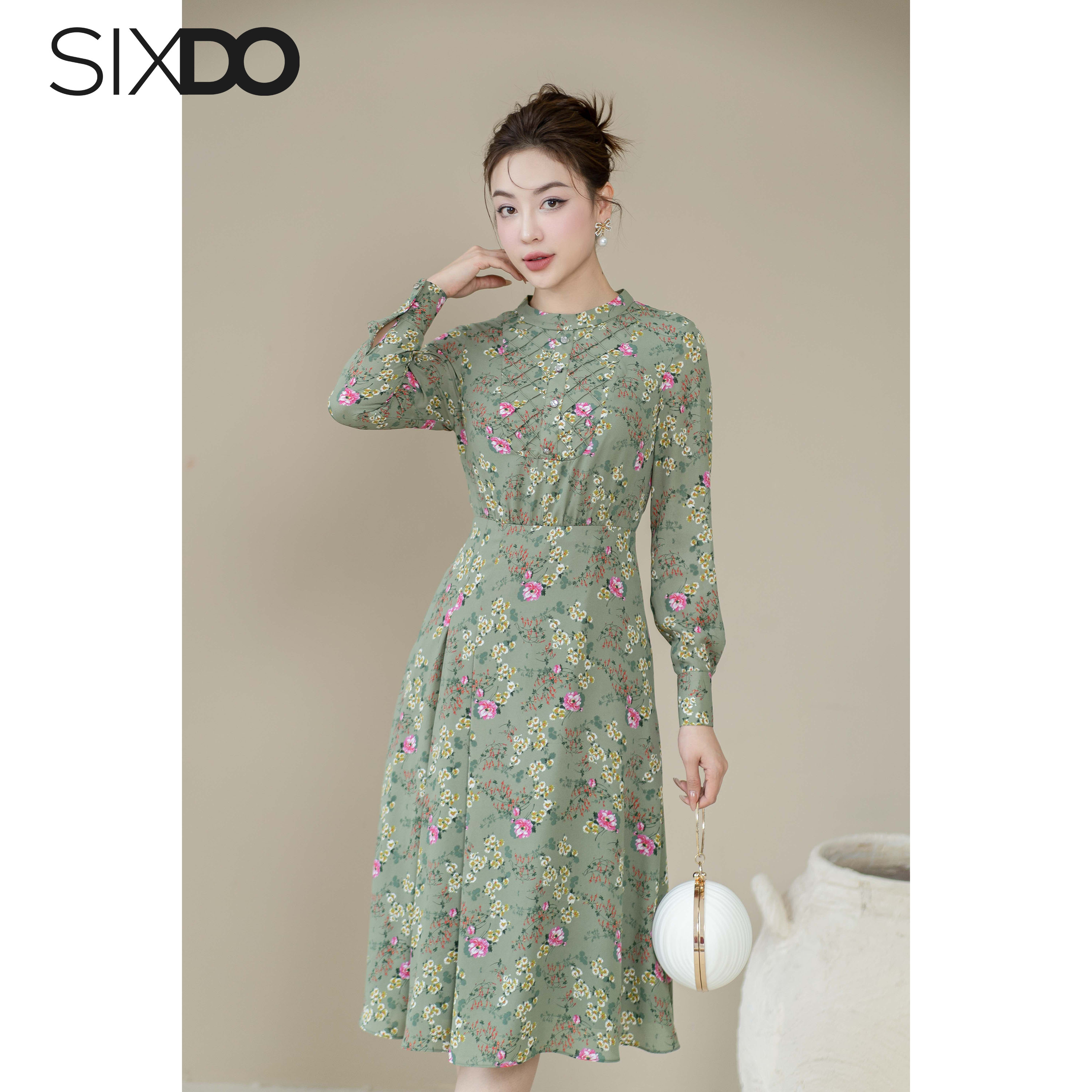 Đầm chiffon hoa nhí dài tay SIXDO (Floral Chiffon Midi Dress)