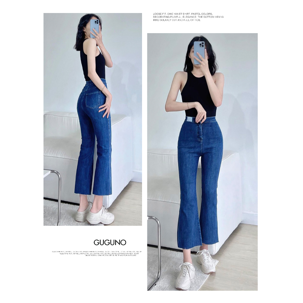 Quần jeans nữ ống loe cạp cao GUGUNO