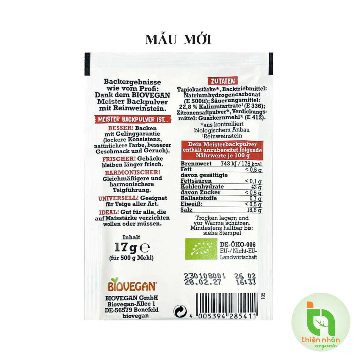 BỘT NỞ HỮU CƠ Biovegan 17GR/GÓI