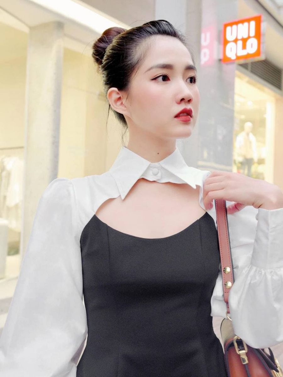 Áo Peplum Cổ Sơ Mi (Đen phối Trắng)