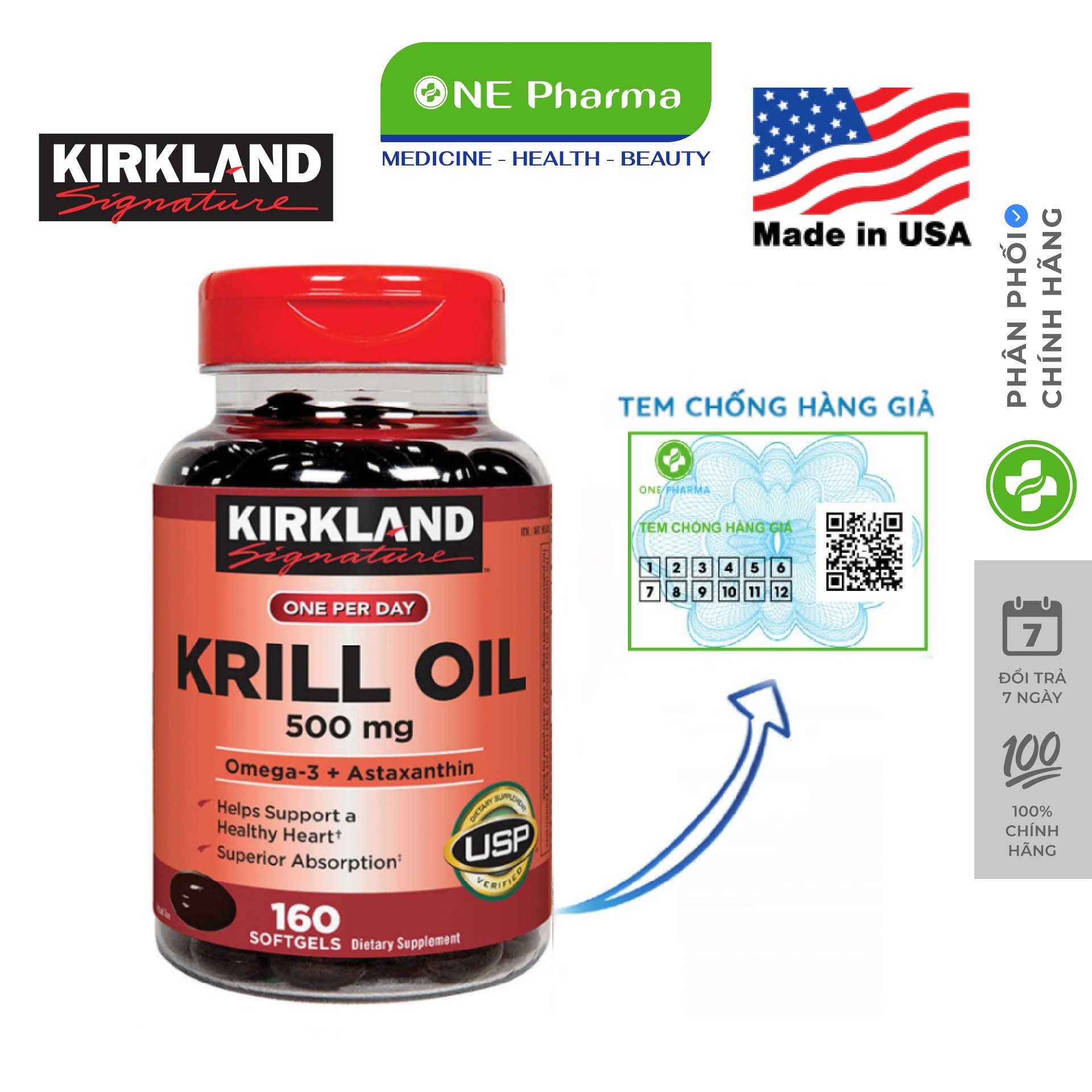 Dầu nhuyễn thể dầu tôm Kirkland Signature Krill Oil 500mg 160 Viên