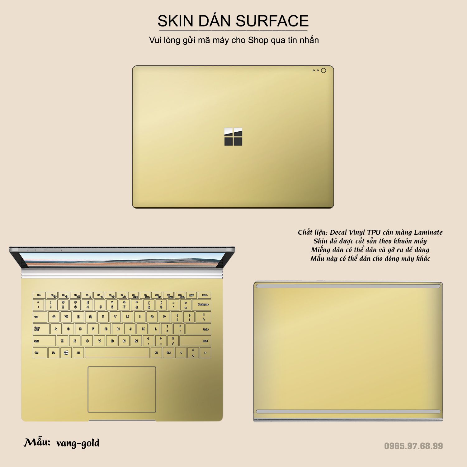 Decal Skin dán Surface Pro / Laptop / Go / Book mẫu Aluminum Chrome vàng gold (inbox mã máy cho shop)