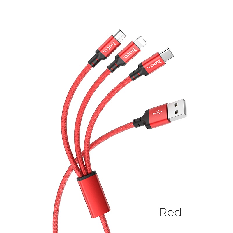 Cáp sạc 3 in 1 Hoco X14 (Micro USB, Lightning, Type-C) hỗ trợ sạc nhanh 2.4A Max tương thích với tất cả các dòng điện thoại cao cấp
