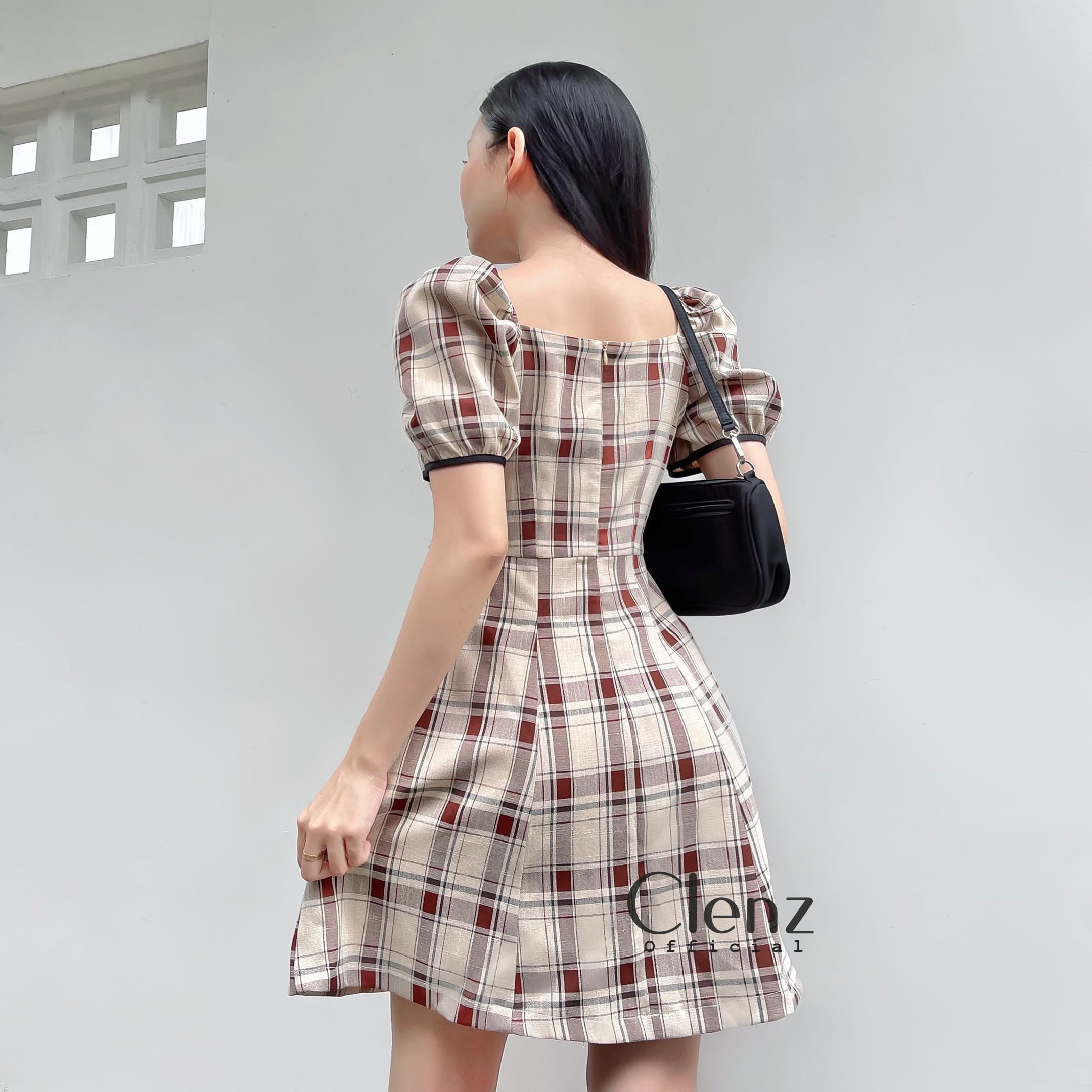 [ Clenz - Váy thiết kế cao cấp ] Đầm caro tay bồng dạo phố D10