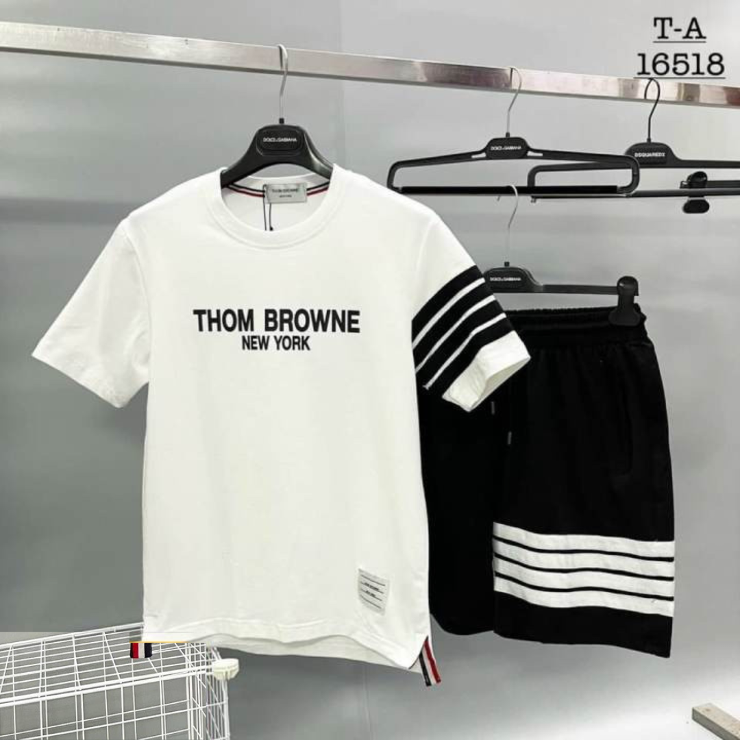 Bộ thể thao nam nữ in chữ THOM phối sọc ngang, hình tự chụp set quần đùi áo thun bộ thể thao mặc nhà