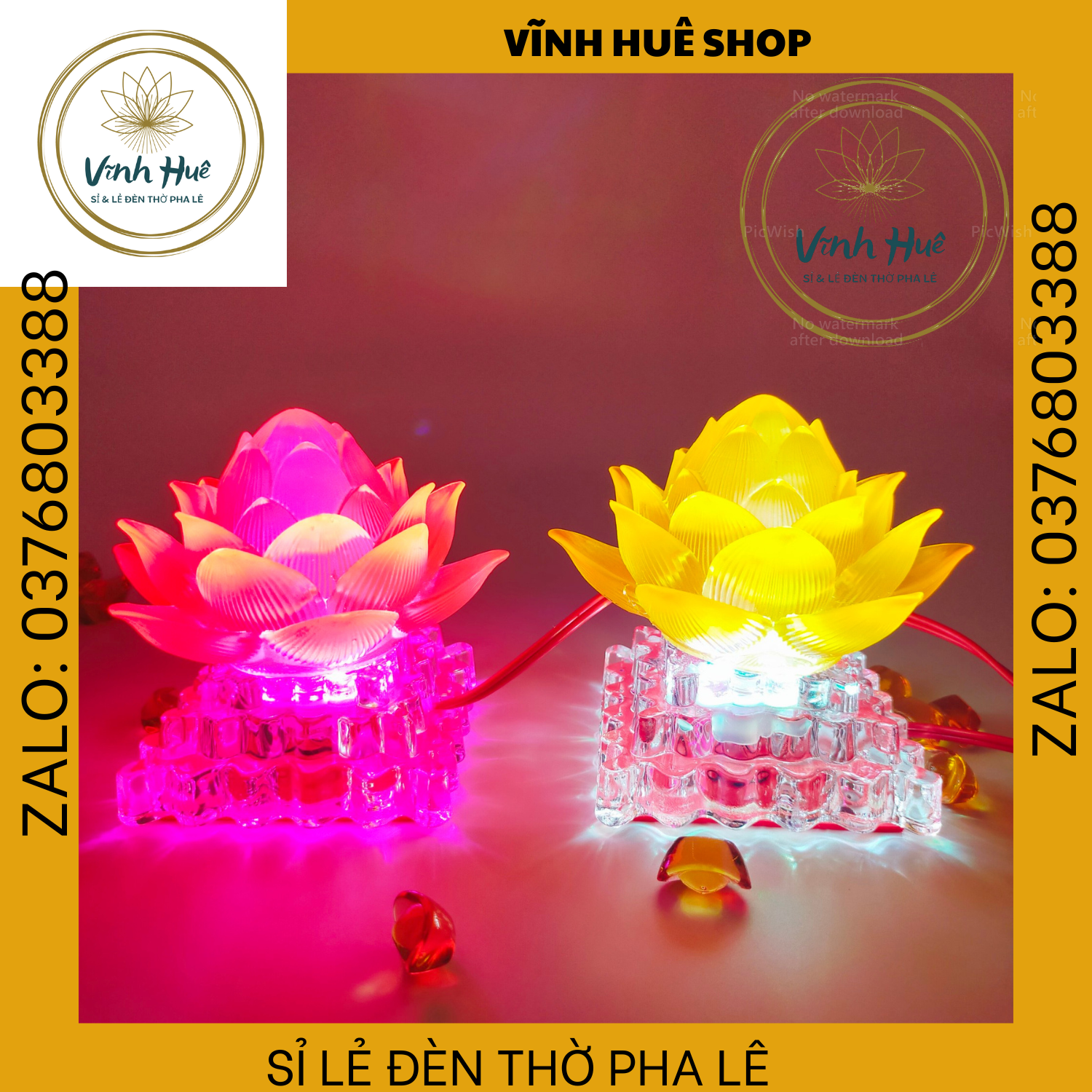 ĐÈN THỜ CÚNG MẠCH LED HOA SEN VÀNG ĐỔI MÀU ĐẾ PHA LÊ