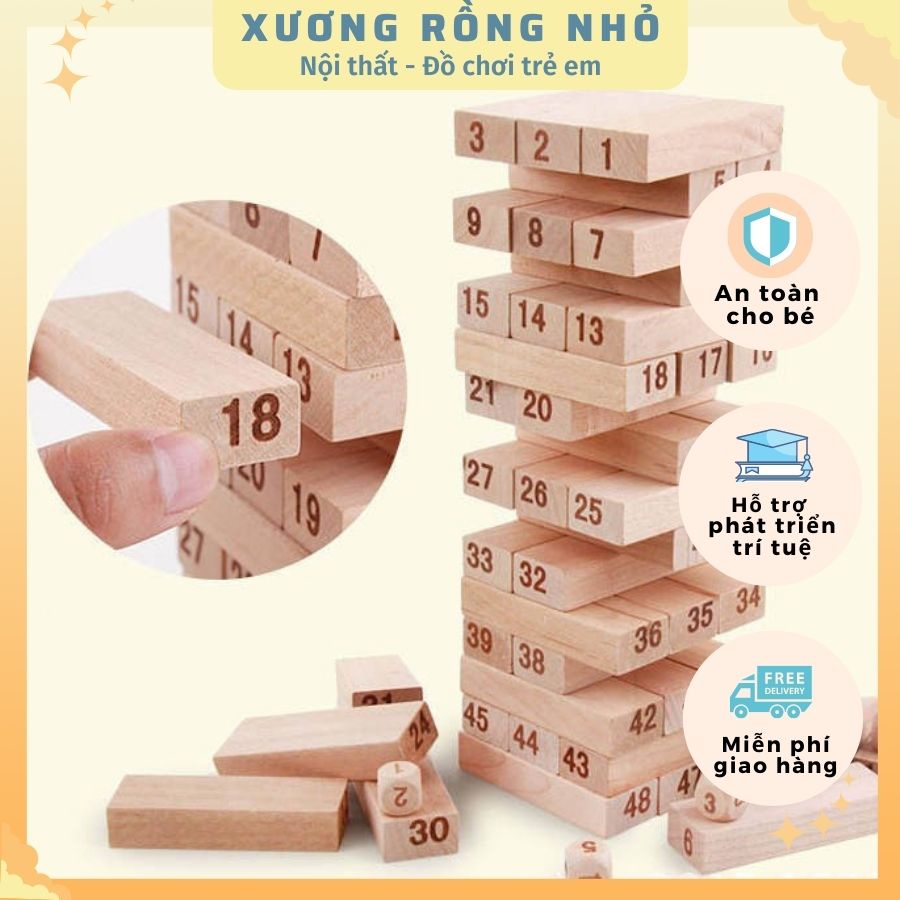 Bộ đồ chơi rút gỗ 48 thanh - kèm 4 xúc xắc gỗ