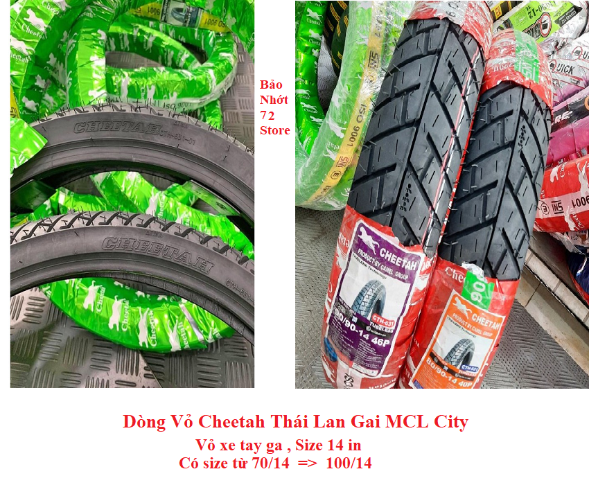 Vỏ Cheetah Thái Lan cho xe Tay Ga gai Michelin City " không ruột " Size 14