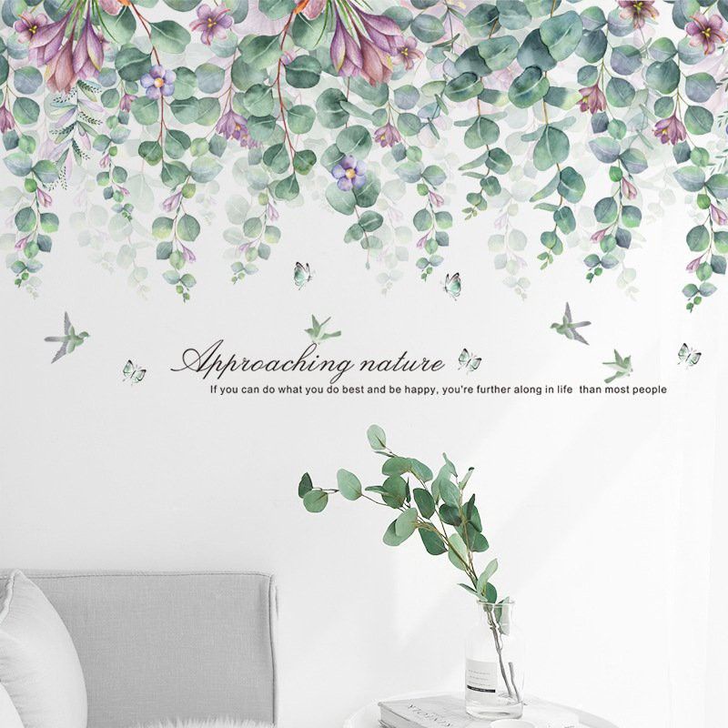 Decal dán tường tán lá xanh, hoa tím