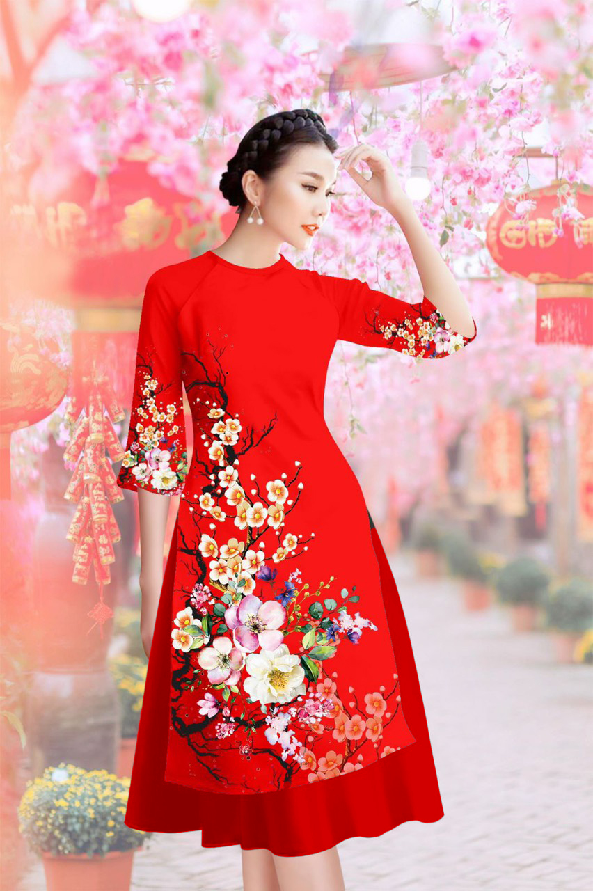 Áo dài cách tân mặc tết cho nữ cao cấp chất đẹp vải Organza màu đỏ