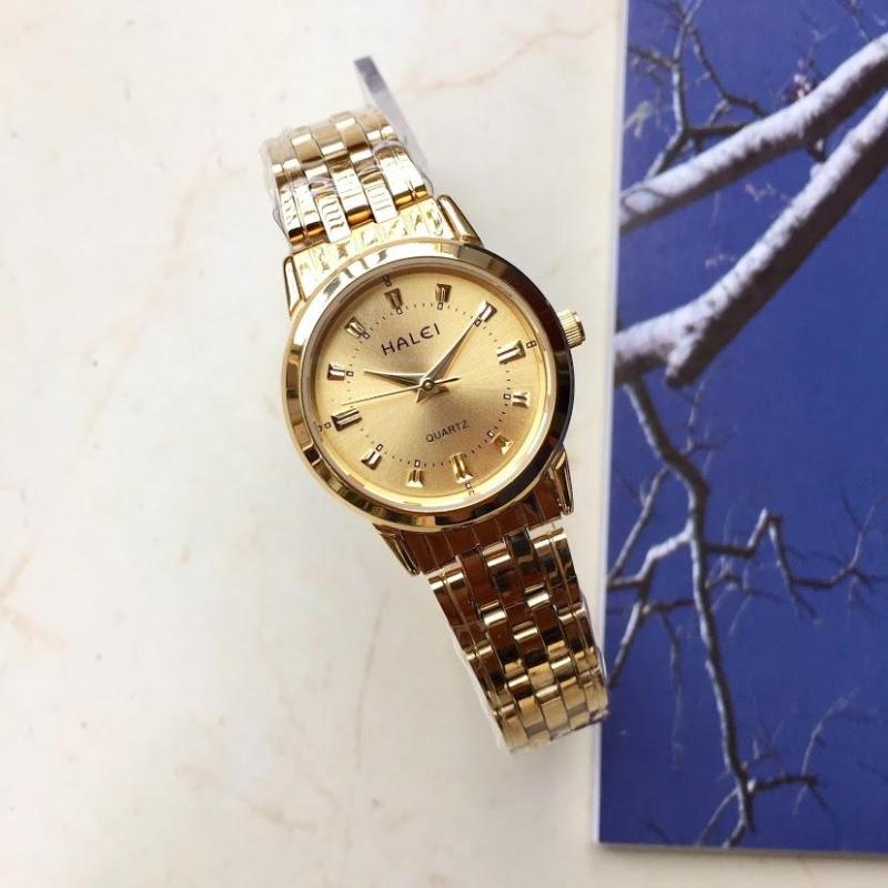 Đồng hồ nữ Halei HL502 vàng mặt đen chống xước, chống nước + tặng kèm dự phòng pin AG4