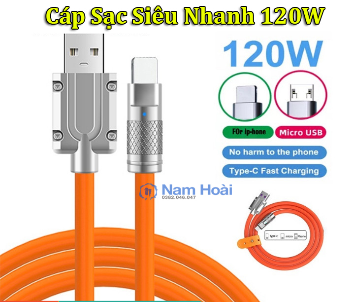 Dây Cáp Sạc Nhanh Siêu Bền 120W 6A Micro USB Type C Bằng Silicone cao cấp
