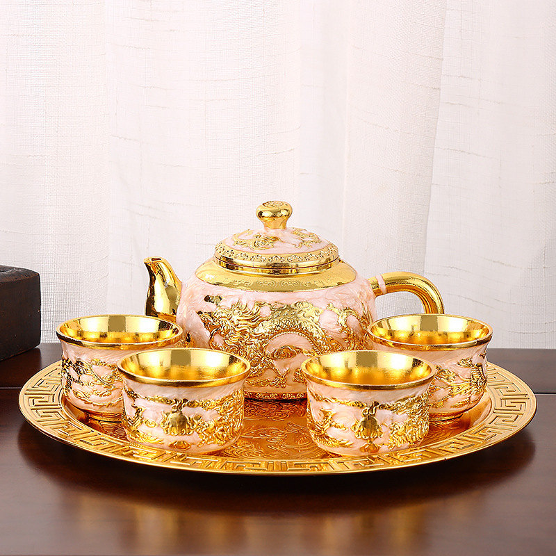 Bộ ấm chén Rồng Phượng Phong thuỷ bằng đồng cao cấp, Bộ ấm pha trà Long Phụng Sum Vầy