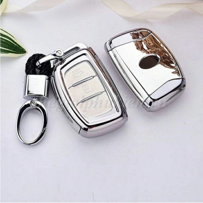 Ốp, bọc chìa khóa silicon màu tráng gương bảo vệ chìa khóa cho xe Hyundai i10, Elantra, Tucson, Santafe 2016-2018…kèm móc đeo INOX