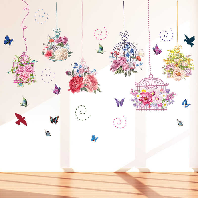 Decal dán tường lồng chim hoa sắc màu