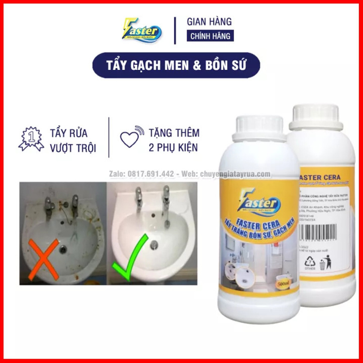 (CỰC MẠNH) Nước Tẩy Trắng Bồn Cầu, Sàn Gạch Men, Bồn Sứ Ố Vàng Nhà Vệ Sinh, Nhà Tắm Chai Lớn Tiết Kiệm Faster Cera 500ml