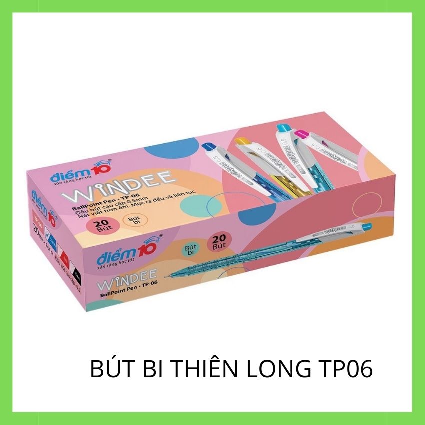 [ Hàng Thiên Long] Hộp 20 Cây Bút Bi  Điểm 10 TP-06, Đầu Bút Cao Cấp 0.5mm, Mực Đều, Êm Tay