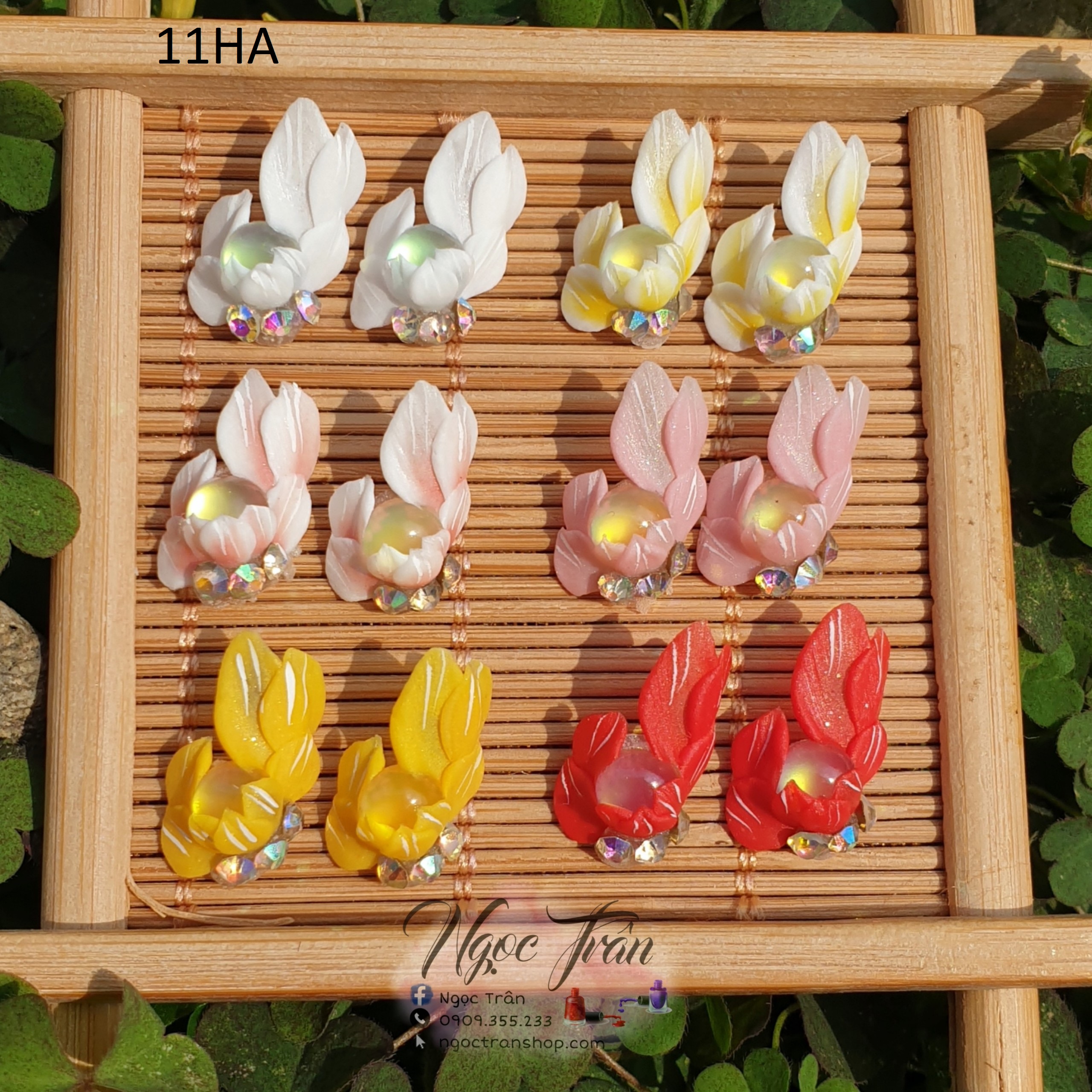 [HCM]Hoa bột nổi - hoa gốc ôm đá mắt mèo đính móng 11HA