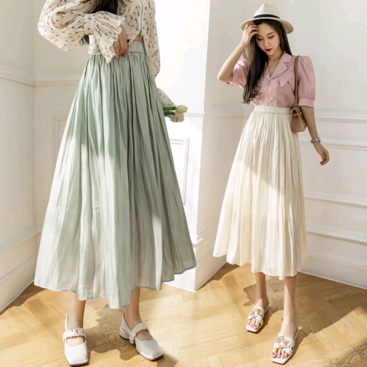 Chân váy dài midi chất vải von lụa tơ óng xòe, chân váy xếp ly hàng quảng châu