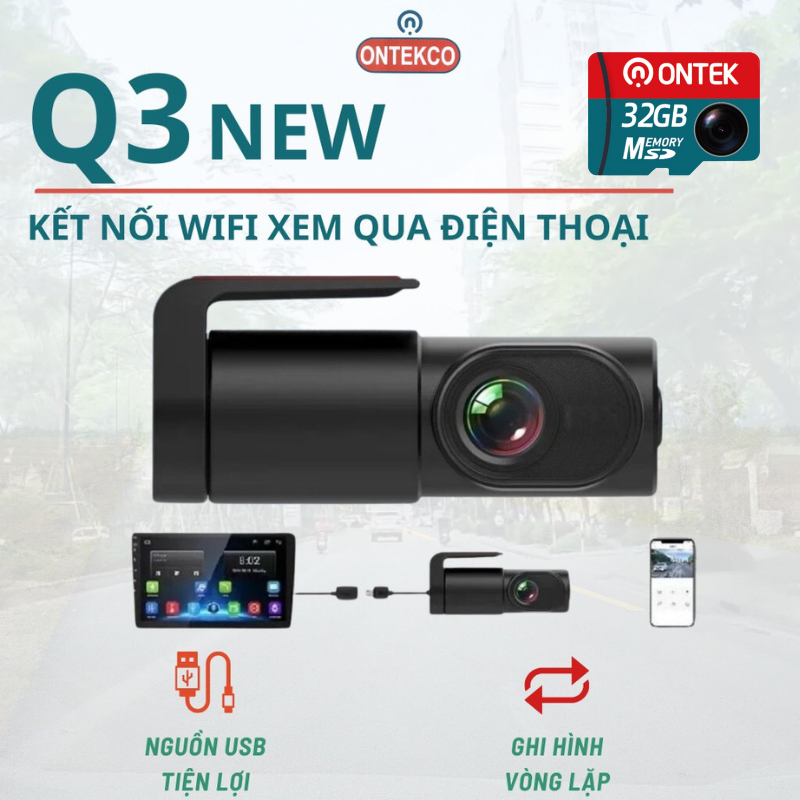 Camera hành trình chính hãng ONTEKCO Q3 NEW bản nâng cấp Ghi hình Full Hd kết nối điện thoại và màn Android xoay 360 độ