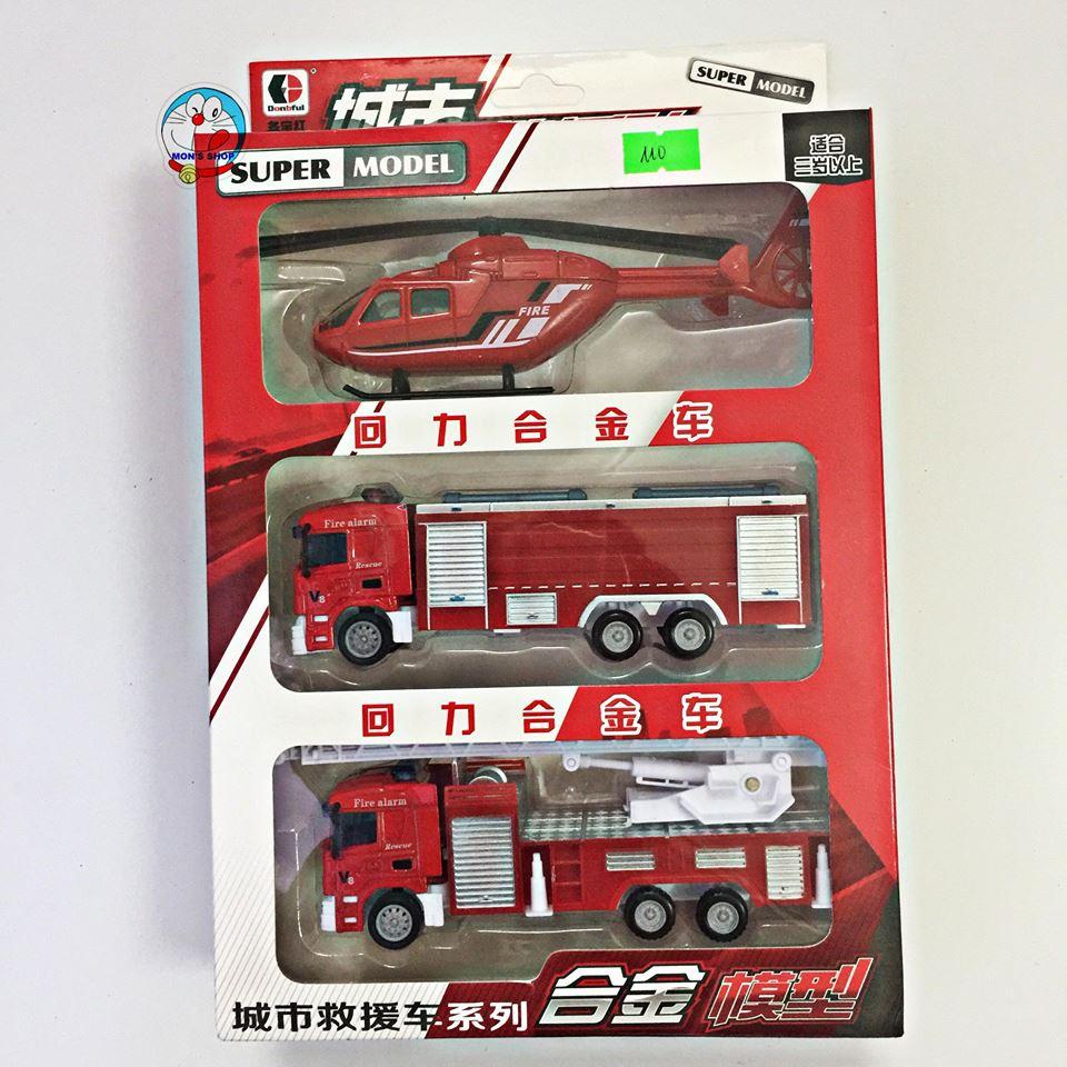 Set 3 chiếc xe sắt cứu hỏa bằng sắt, chạy đà