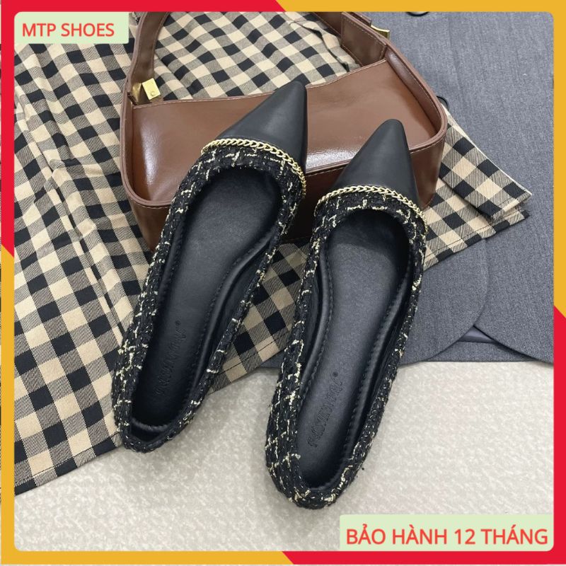 Giày bệt nữ mũi nhọn da mềm kẻ caro