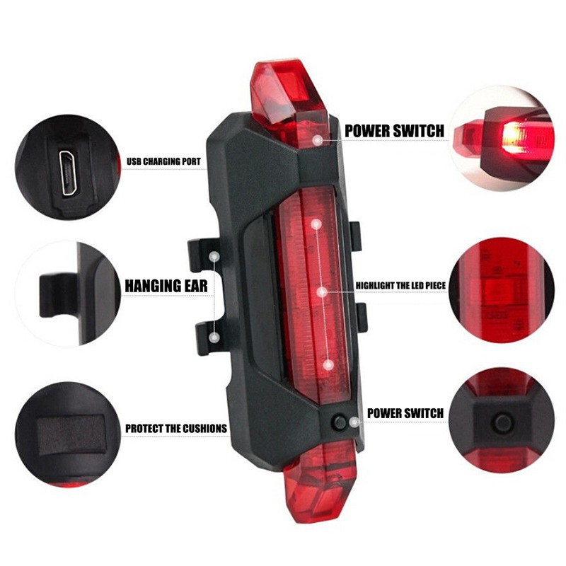 [HCM]Đèn báo hiệu gắn đuôi xe đạp 5 bóng LED có cổng sạc USB