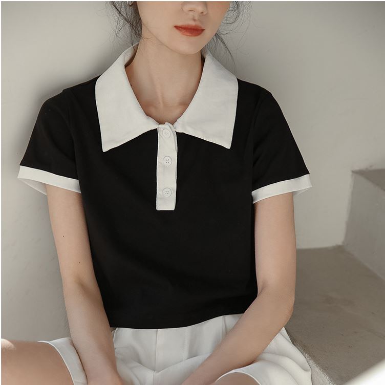 Áo thun nữ cổ phối màu đen trắng