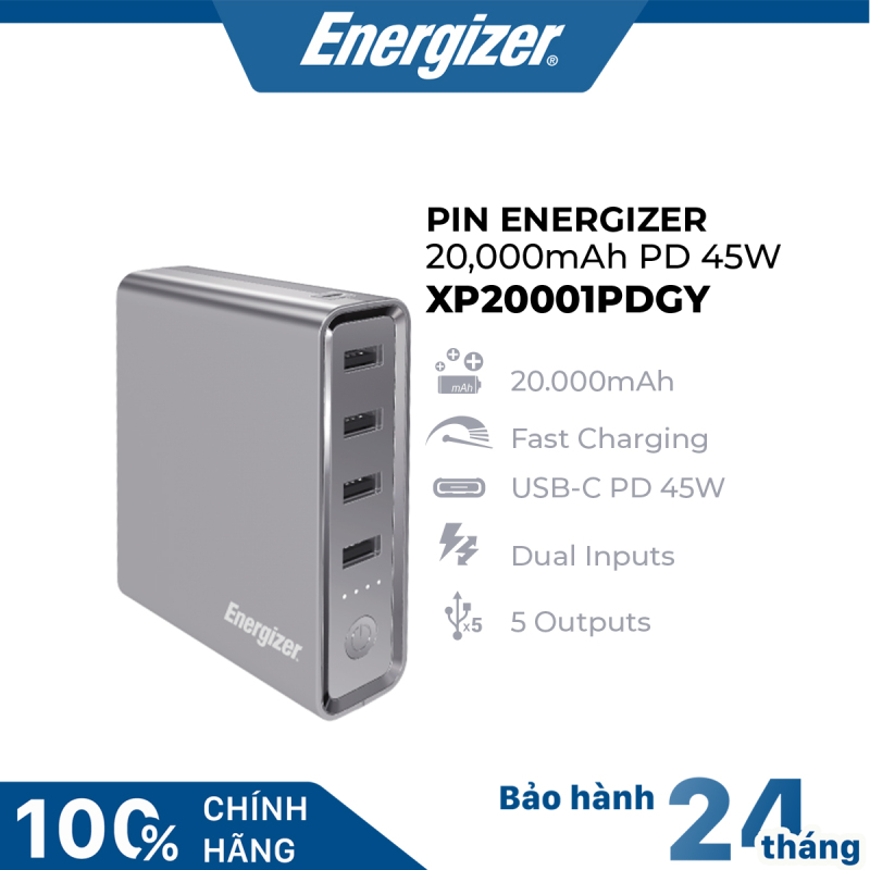 Sạc dự phòng Energizer XP20001PDGY 20,000mAh - 1 cổng USB-C hỗ trợ sạc nhanh PD 45W, 4 cổng USB-A, màu xám