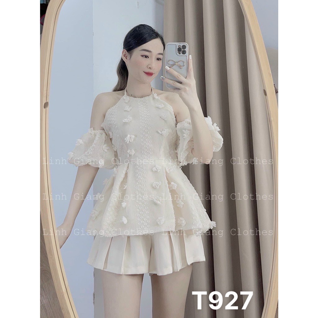 Set bộ tay phồng cổ yếm cột nơ cổ áo có mút quần ngắn nữ xô bông phồi for T927