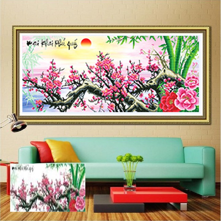 Tranh đính đá Mai khai phú quý Kt 125*58cm