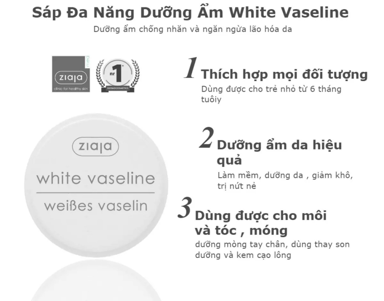Sáp dưỡng môi Vaseline (dưỡng tái tạo da Ziaja White Vaseline) 30ml