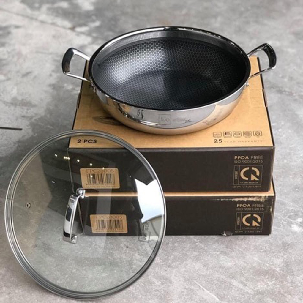 Chảo bếp từ tổ ong 2 quai Blackcube FIVESTAR Plush 3 lớp đáy liền inox 304 siêu bền , chống trầy xước 24cm /26cm /28cm