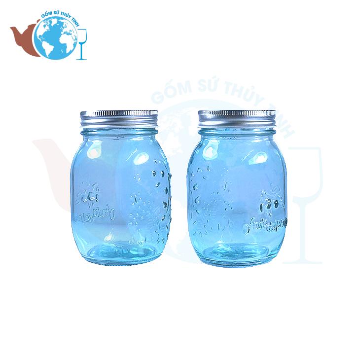 [HCM]Bộ 10 Hũ thủy tinh đựng gia vị - Ly uống nước hoa văn hoa rơi màu xanh
