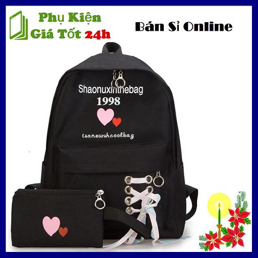 [HCM]Balo Nữ 1998 Vải Bố Thời Trang  Đen - Xám - Hồng ( Không Kèm Túi Nhỏ 38x30x10 )