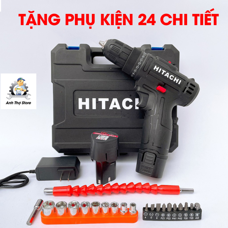 [Tặng bộ 24 chi tiết] Máy Hitachi 12V - 3 chức năng - Bắt  vít,  khoan gỗ, khoan sắt, - 25 cấp độ trượt - Có đảo chiều, có đèn - Máy khoan pin giá rẻ, máy khoan mini - Khoan pin 12v