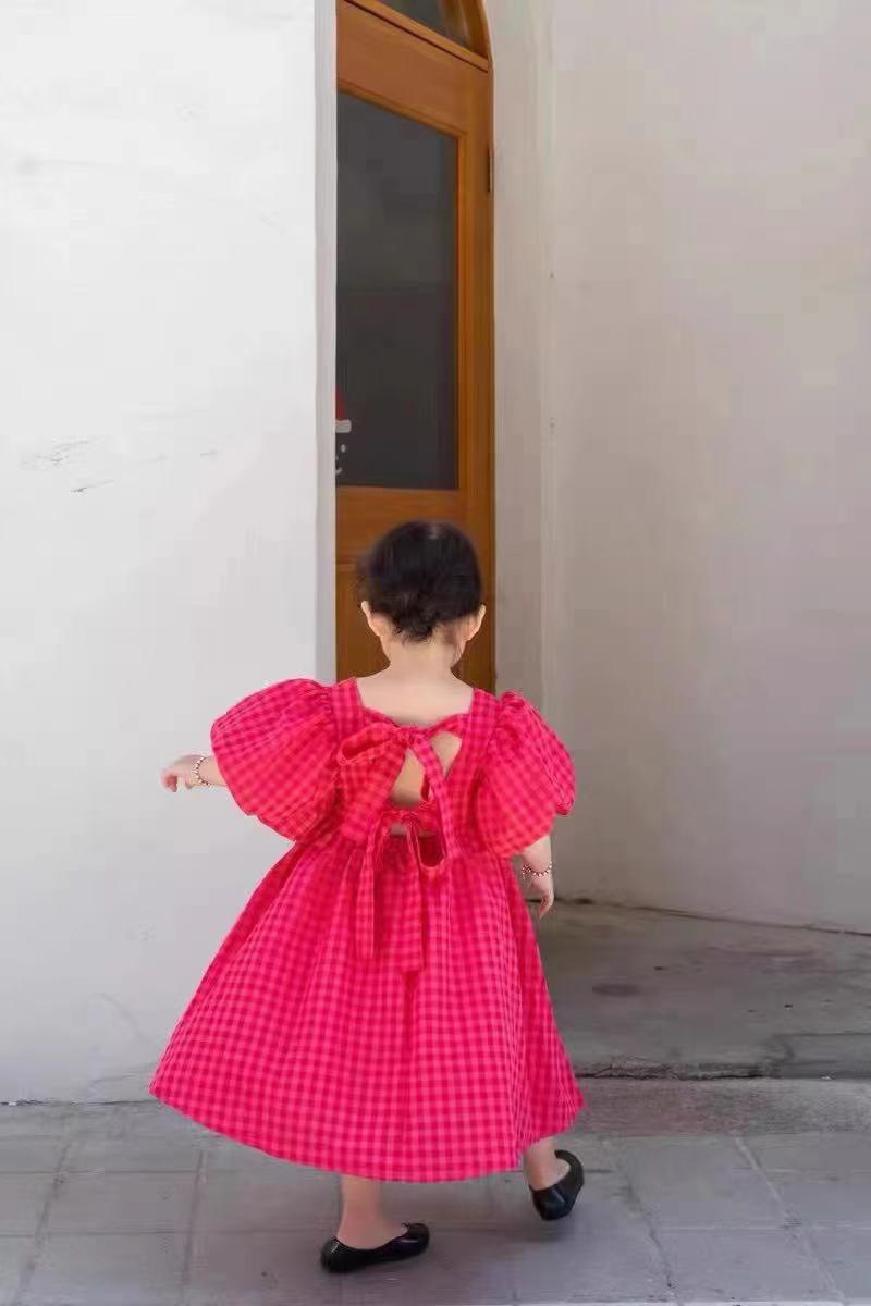 Váy bé gái kẻ đỏ hồng đậm