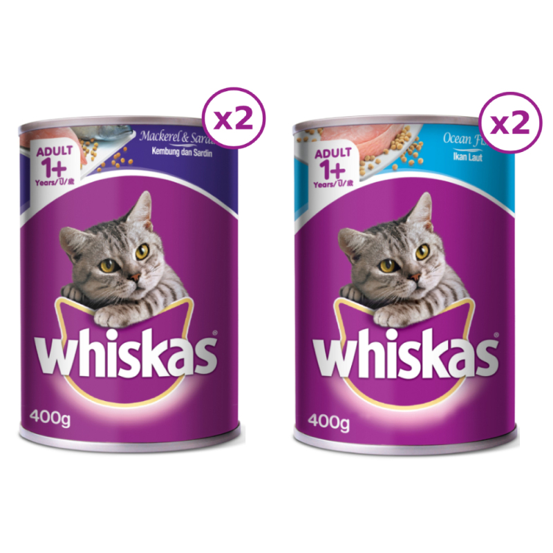 Bộ 4 lon thức ăn pate cho mèo lớn Whiskas 400g/lon: 2 lon cá biển + 2 lon cá thu & cá mòi