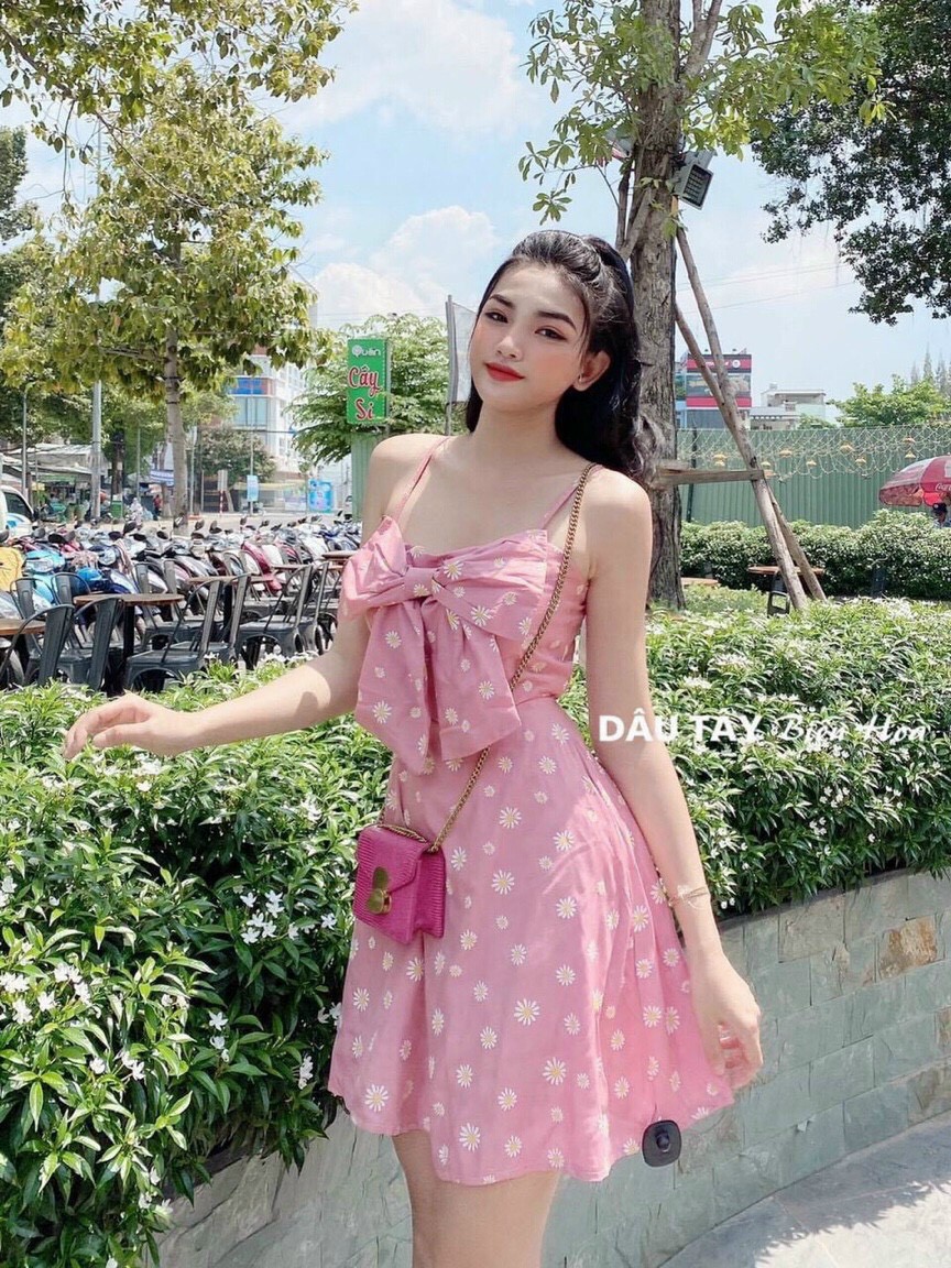 Đầm 2 dây hoa cúc nơ ngực-MTB#damnu