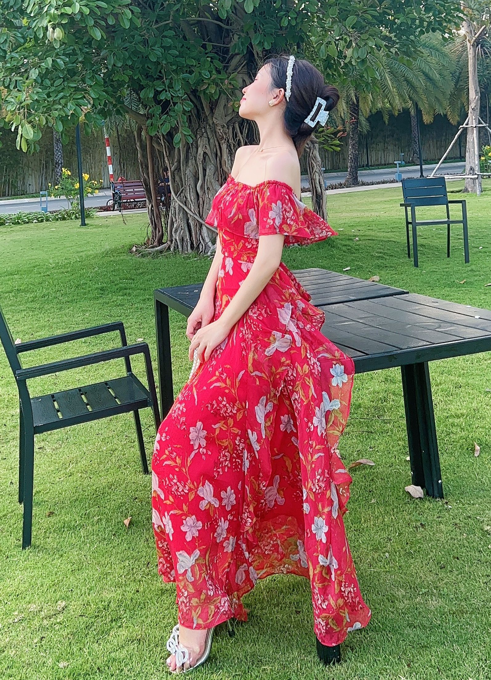 Đầm maxi nữ hoa bèo dọc đuôi cá có thắt eo MIMIX CE5265