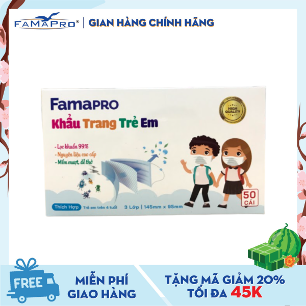 Khẩu trang y tế 3 lớp trẻ em Famapro Max Kid kháng khuẩn (50 cái / Hộp) cao cấp